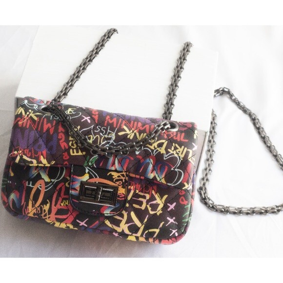 Purse Black Multicolor crossbody satchel bag chic stylish graffiti mini bag - Picture 1 of 6